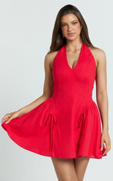 Alexi Mini Dress - Halter Deep V Fit And Flare Dress in Red