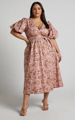 Amalie The Label - Franc Linen Puff Sleeve Wrap Midi Linen Dress in Vahala Print