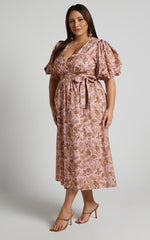Amalie The Label - Franc Linen Puff Sleeve Wrap Midi Linen Dress in Vahala Print
