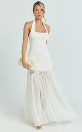 Barbara Maxi Dress - Halter Scoop Neck Contrast Georgette Dress in Ivory