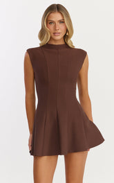 Becky Mini Dress - High Neck Sleeveless Fit And Flare Dress in Chocolate
