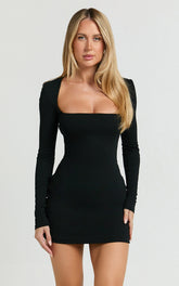 Benji Mini Dress - Square Neck Long Sleeve Bodycon Dress in Black