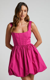 Brianda Mini Dress - Corset Bodice Bubble Hem Dress in Berry