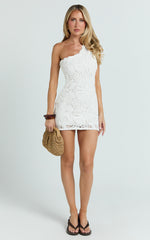Charlene Mini Dress - Crochet Knitted One Shoulder Dress in White