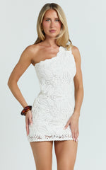 Charlene Mini Dress - Crochet Knitted One Shoulder Dress in White