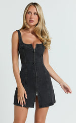 Chrysoula Mini Dress - Square Neck Zip Front Sleeveless Bodycon Denim in Washed Black