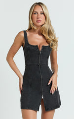 Chrysoula Mini Dress - Square Neck Zip Front Sleeveless Bodycon Denim in Washed Black