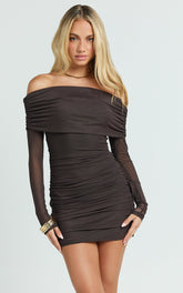 Clyde Mini Dress - Mesh Off Shoulder Ruched Bodycon Dress in Chocolate