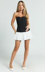 Deb Mini Dress - Strapless Sweetheart Contrast Bodice Pleated Dress in White/Black