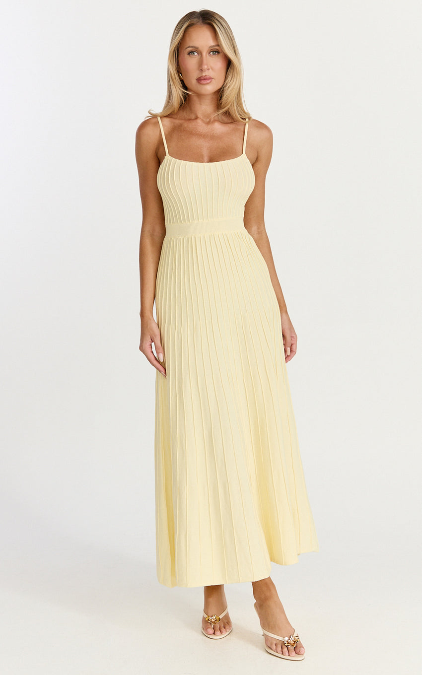 Donissa Midi Dress - Panelled Knit Dress in Butter Yellow