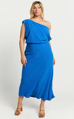 Jacqueline Midi Dress - Linen One Shoulder Dress in Cobalt