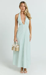 Jeienn Midi Dress - Ruched Shoulder Bodice A Line Placket Front Skirt Dress in Mint Stripe
