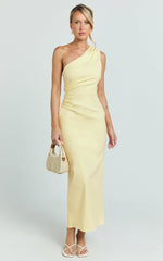 Karlie Midi Dress - One Shoulder Fitted Dress in Lemon