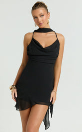 Katarina Mini Dress - Cowl Neck Low Back Asymmetric Hem Dress in Black