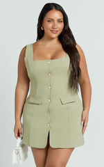 Kenna Mini Dress - Square Neck Button Down Mini Dress in Sage