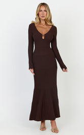 Maris Midi Dress - Keyhole and Hardware Neckline Long Sleeve Flared Dress in Choc