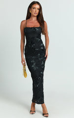 Mina Midi Dress - Embroidered Mesh Dress in Black