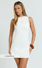 Olenna Mini Dress - High Neck Fitted Denim Dress in Ecru