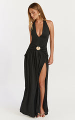 Phoenix Maxi Dress - Halter Neck Gold Trim Jersey Dress in Black