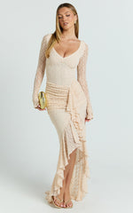 Rhea Maxi Dress - Long Sleeve Ruched Ruffle Hem Dress in Blush