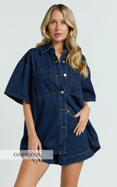 Rhianna Top - Oversized Recycled Denim Short Sleeve Shirt in Indigo Wash
