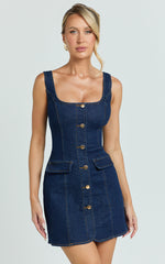 Valentina Mini Dress - Square Neck Button Down Denim Dress in Dark Blue Wash