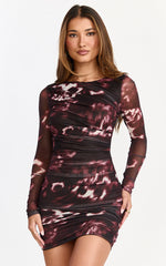 Zita Mini Dress - High Neck Long Sleeve Bodycon Mesh Dress in Botanical Haze