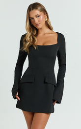 Zita Mini Dress - Long Sleeve Tailored Tulip Dress in Black