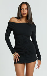 Zoe Mini Dress - Asymmetric Off Shoulder Fitted Sleeve Ruched Jersey Dress in Black