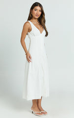 Zula Midi Dress - V Neck Sleeveless Under Bust Seam Circular Skirt Dress in White