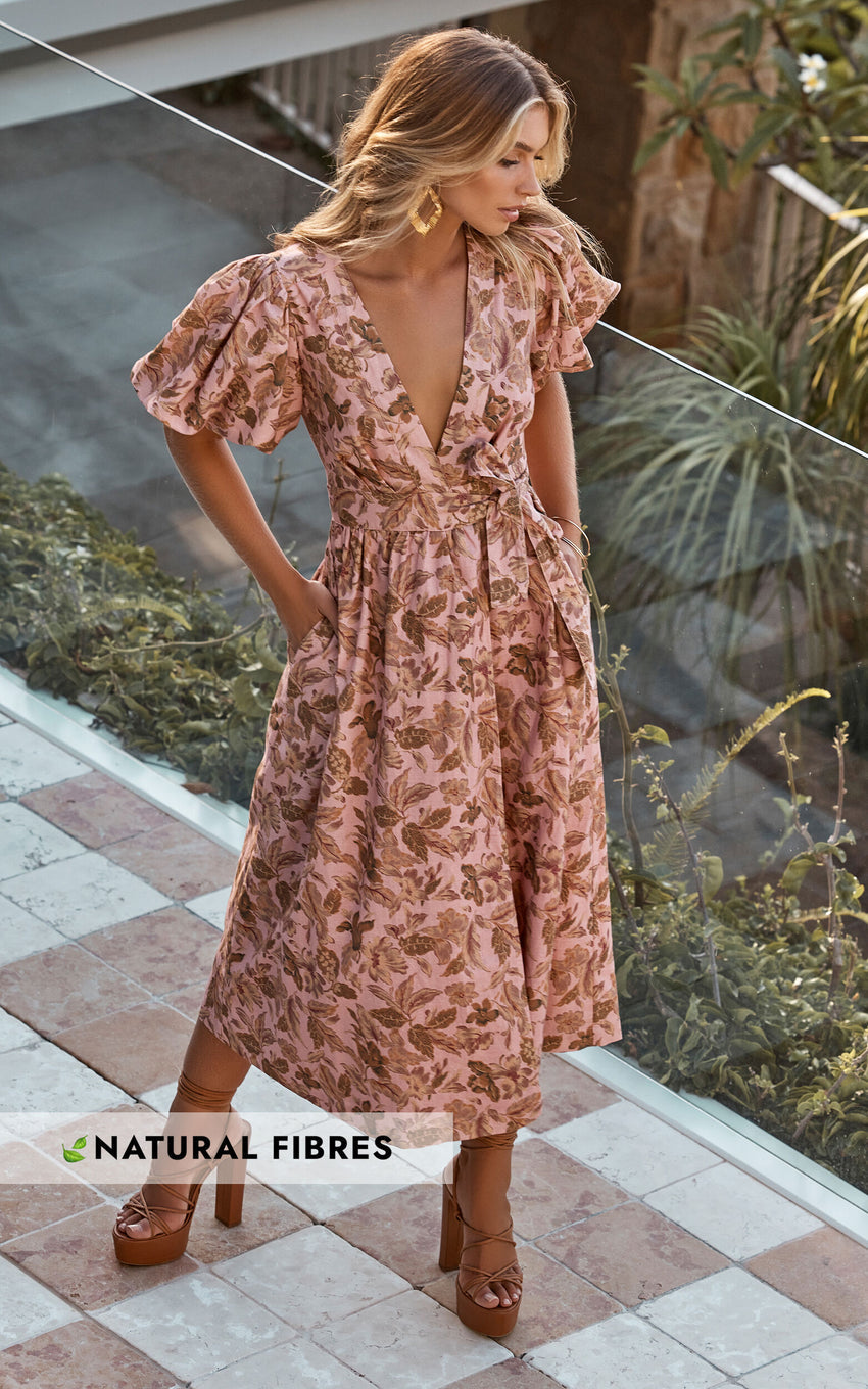 Amalie The Label - Franc Linen Puff Sleeve Wrap Midi Linen Dress in Vahala Print