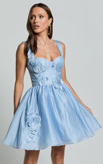 Amalie The Label - Lilou Flower Detail Corset Mini Dress in Light Blue