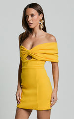 Amalie The Label - Seleste Off Shoulder Bow Detail Mini Dress in Yellow