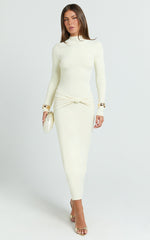 Amelita Midi Dress - Long Sleeve Knot Detail Dress in Cream