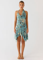 Bad Alive Halter Hanky Mini Dress - Aqua Blur