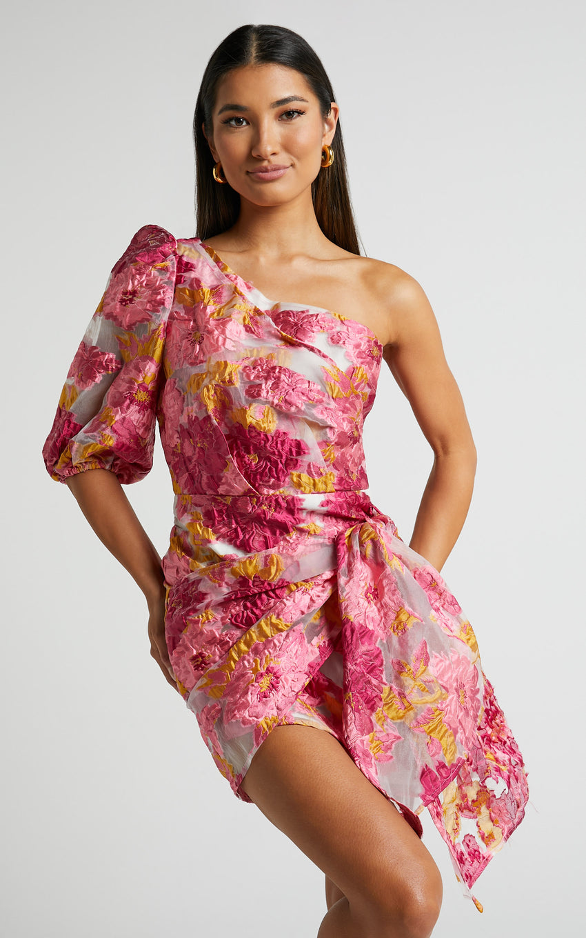Brailey Mini Dress - One Shoulder Puff Sleeve Dress in Pink Jacquard