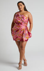 Brailey Mini Dress - One Shoulder Wrap Front Dress in Pink Jacquard