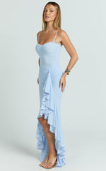Brionna Maxi Dress - Lace Neck Ruched Ruffle Hem Dress in Blue