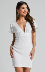 Cleonna Mini Dress - Short Puff Sleeve Plunge Neck Sequin Bodycon in White