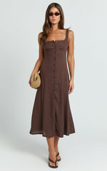 Cameron Midi Dress - Button Front Tie Back Dress in Chocolate