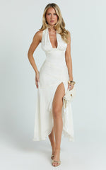 Carmela Midi Dress - Gather Bust and Shoulder Strap With Front Leg Split Dress in Off White