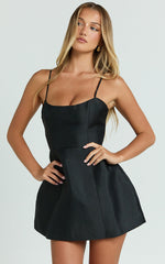 Carolina Mini Dress - Scoop Neck Panel Bodice Dress in Black