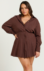 Whitney Mini Dress - Linen Long Sleeve Shirt Dress in Chocolate Pinstripe