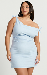 Jeofina Mini Dress - Off The Shoulder Linen Look Dress in Pale Blue