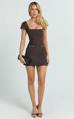 Desi Mini Dress - Square Neck Cap Sleeve Buckle Dress in Chocolate