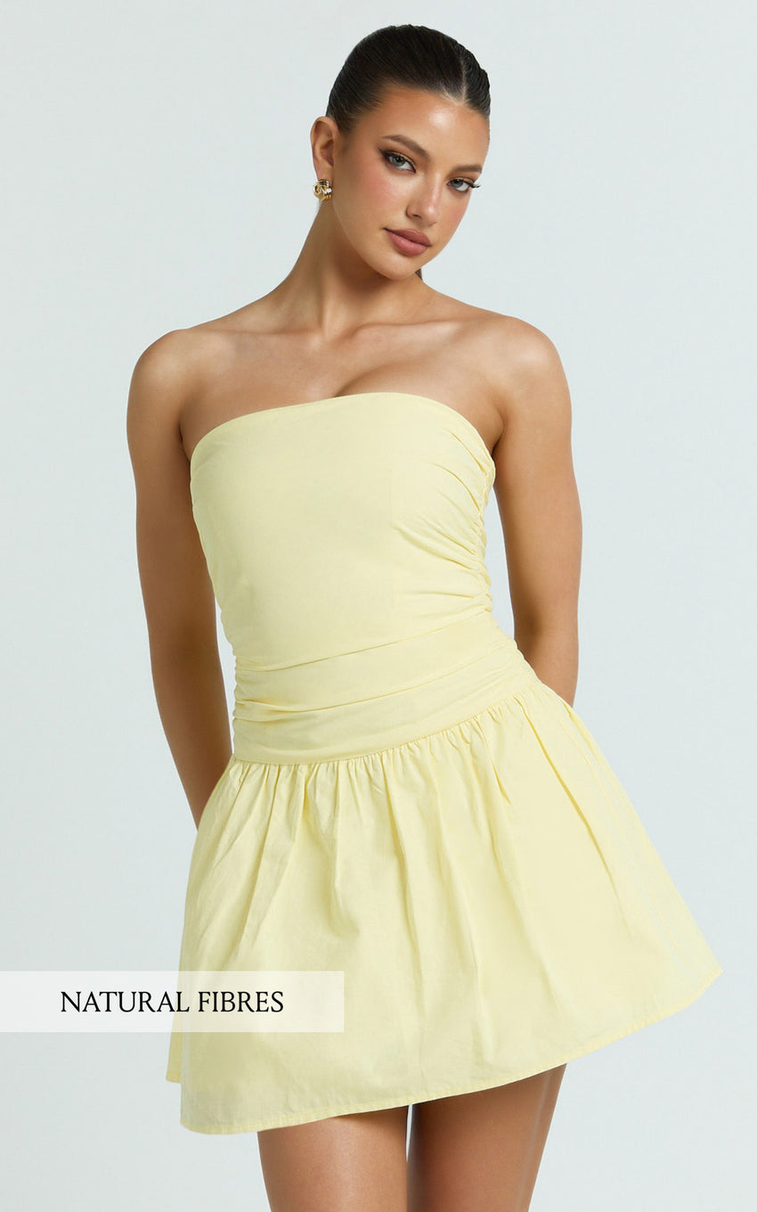 Donatella Mini Dress - Strapless Drop Waist Dress in Lemon
