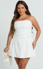 Donatella Mini Dress - Strapless Drop Waist Dress in White