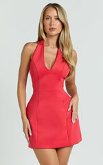 Gaia Mini Dress - Plunge Halter Fit and Flare Dress in Red