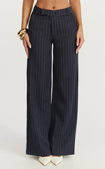 Georgie Pants - Mid Rise Straight Leg Pinstripe Pants in Dark Navy
