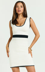 Gracie Mini Dress - Tie Back Detail Contrast Knit Dress in White/Black